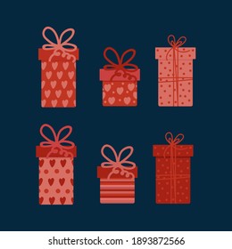 A set of boxes with gifts for lovers. Cute presents with hearts, dots and stripes. Big pink boxes with bows. Vector illustration