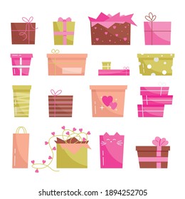 set of boxes for gifts. set of pink-green boxes. cute packaging for valentine's day. vector simple illustration