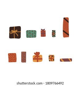 A set of boxes with gifts, preparing for the winter holidays. Gift packaging for new year and Christmas holidays. Flat cartoon vector illustration. Mountain of gifts, giving, holiday packaging. Vector