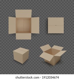 Set of boxes isolated on transparent background. Realistic color collection of package. Vector 