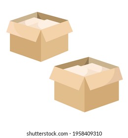 Set of boxes with paper. Recycling of waste paper. items made from recycled paper. New life for paper. Saving the Earth and environment with recycling technologies. Boxes for moving. Vector 8 eps