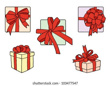 Set of boxes with red ribbon bows