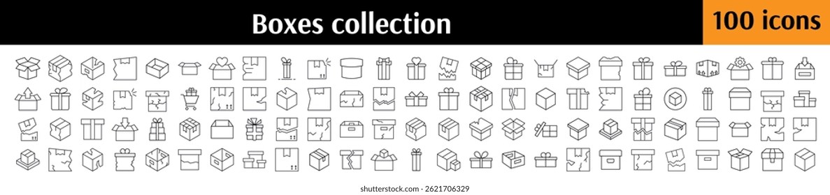 Set of Boxes Related Line Icons. Broken Boxes, Container, Parcel, Giftbox Outline Signs for Graphic and Web Design, Apps, Adverts, Various Cards