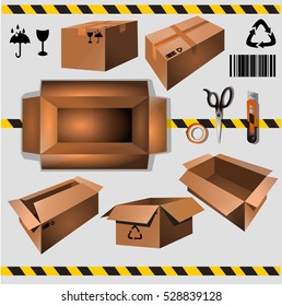 Set boxes scissors, scotch tape, office knife