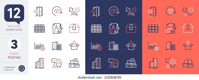 Set of Boxes shelf, Intersection arrows and Return package line icons. Include Algorithm, Buildings, Wholesale goods icons. Builder warning, Entrance, Operational excellence web elements. Vector