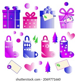 A set of boxes and socks in neon colors for wrapping gifts for New Year, Christmas and holidays. Vector illustration