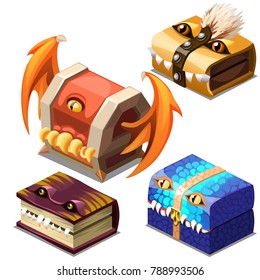 A set of boxes, suitcases and a book in the style of funny demons  isolated on a white background. Cartoon vector close-up illustration.