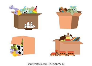 Set of boxes with toys in cartoon style. Vector illustration of various cardboard boxes with children's toys: dinosaur, owl, duck, sea ship, pyramid, car, ball, train, house, a spinning top.