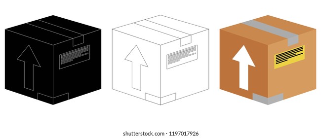 a set of boxes for the transportation of various things by mail in a flat style in brown and black and white