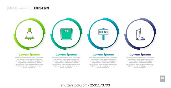 Set Boxing bell, Bathroom scales, ring board and Sport boxing shoes. Business infographic template. Vector