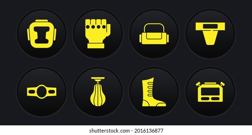 Set Boxing belt, Groin guard, Punching bag, Sport boxing shoes, MMA glove, Stopwatch and helmet icon. Vector