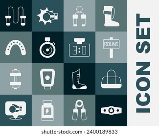 Set Boxing belt, Sport bag, ring board, Jump rope, Stopwatch, Mouth guard boxer,  and mechanical scoreboard icon. Vector