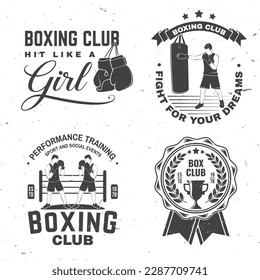 Set of Boxing club badge, logo design. Vector illustration. For Boxing sport club emblem, sign, patch, shirt, template. Vintage monochrome label, sticker with Boxer Silhouette.