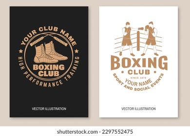 Set of Boxing club badge, logo design. Vector illustration. For Boxing sport club emblem, sign, patch, shirt, template. Retro poster, banner with Boxer, gloves, boxing jump rope and shoes Silhouette.