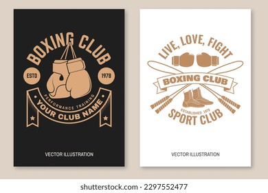 Set of Boxing club badge, logo design. Vector illustration. For Boxing sport club emblem, sign, patch, shirt, template. Retro poster, banner with Boxer, gloves, boxing jump rope and shoes Silhouette.