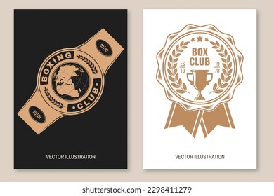 Set of Boxing club badge, logo design. Vector illustration. For Boxing sport club emblem, sign, patch, shirt, template. Retro poster, banner with champion belt, golden cup Silhouette.