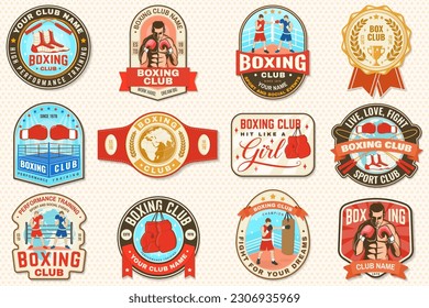 Set of Boxing club badge, logo, patch design. Vector. For Boxing sport club emblem, sign, shirt, template. Vintage retro patch, label, sticker with jump rope, boxing gloves and boxing shoes silhouette