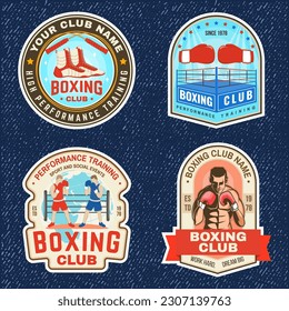 Juego de insignias del club de boxeo, logotipo, diseño de parches. Vector. Para emblema del club deportivo de boxeo, cartel, camisa, plantilla. Parche retro vintage, etiqueta, pegatina con cuerda de salto, guantes de boxeo y silueta de zapatos de boxeo