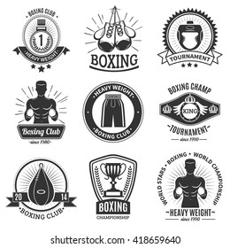 Set of boxing club black logo and emblems with boxer torso gloves punching bag and championship cup on white background isolated vector illustration