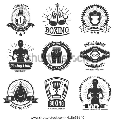 Set of boxing club black logo and emblems with boxer torso gloves punching bag and championship cup on white background isolated vector illustration