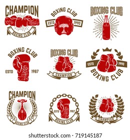 Set of boxing club emblems. boxing gloves. Design elements for logo, label, emblem, sign. Vector illustration