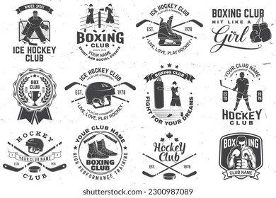 Conjunto de club de boxeo y placa de club de hockey sobre hielo, diseño de logotipo. Vector. Para el emblema del club de boxeo y hockey sobre hielo, cartel, parche, camisa, plantilla. Pegatina, parche con jugador de hockey, pegatina, disco , casco