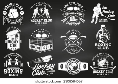 Set of Boxing club and Ice Hockey club badge, logo design on chalkboard. Vector. Sticker, patch with hockey player, sticker, puck , helmet, skates, Boxer, gloves, boxing jump rope and shoes Silhouette