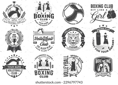 Set von Boxclub und Volleyball Club Badge, Logo Design. Vektorgrafik. Vintage monochrome Etikett, Aufkleber mit Volleyball, Spieler, Schiedsrichter Pfeifen, Boxer, Handschuhe, Boxspringen Seil und Schuhe.