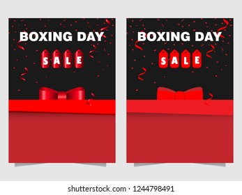 Set of Boxing Day Sale flyer, brochure and posters for web and prints. Vector illustration modern and flat concept with gift box, red ribbon confetti in black background