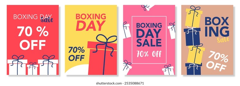 Conjunto de Boxing Day Sale em fundo colorido com presente. 26 de dezembro. Vetor de Desenho Animado ilustração plana vertical Modelo para Pôster, Banner, Flyer, Card, post. Menor preço, Promo, melhor negócio.