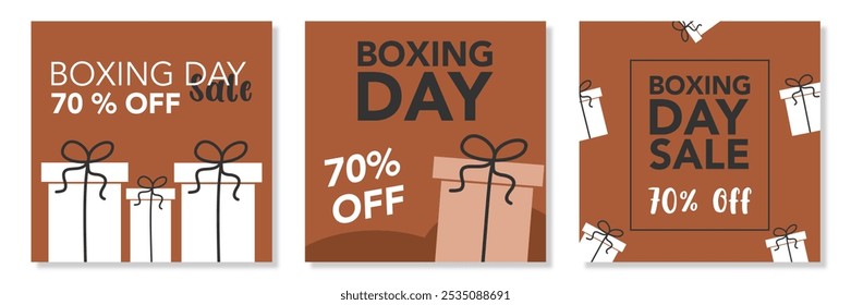 Set of Boxing Day Sale on brown background with gift chocolate color. December 26. Cartoon Vector illustration square Template for Poster, Banner, Flyer, Card, post, lowest price, Promo, Best deal.