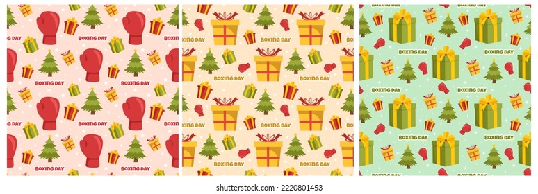 Set of Boxing Day Sale Seamless Pattern Design with Glove and Gift Box for Promotion or Shopping on Template Hand Drawn Cartoon Flat Illustration