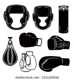 Set of boxing design elements. Boxer helmet, gloves, bags. Design element for logo, label, emblem, sign, poster. Vector image