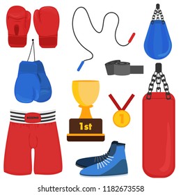 Set of boxing equipment isolated on white background. Vector illustration of sport accessories. Cartoon collection in blue and red colors.