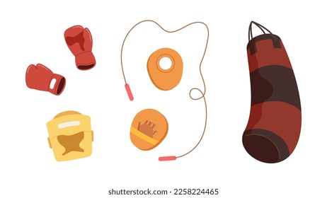 Set of boxing equipment isolated on white background. Boxing gloves, head guard, punching pad, jumping rope and sand bag. Element for sport, activity, workout and exercising. Flat vector illustration.