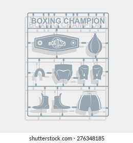 Set Boxing equipment. Plastic model kits. Vector illustration