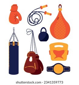 Set boxing equipment, sport, fight, competition concept. Boxer, Belt, Punch Bags, Red Gloves, Helmet, Jump Rope. Vector flat illustration design elements isolated on white background