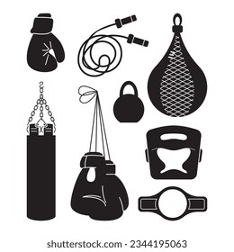 Set boxing equipment, sport, fight, competition concept. Boxer, Belt, Punch Bags, Red Gloves, Helmet, Jump Rope. Vector monochrome silhouette illustration design elements isolated on white background