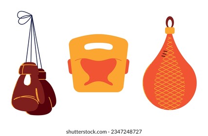Set boxing equipment, sport, fight, competition concept. Boxer, Belt, Punch Bags, Red Gloves, Helmet, Jump Rope. Vector flat illustration design elements isolated on white background