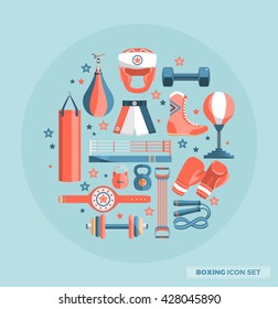 Set of boxing equipment vector colorful design elements isolated on blue background. Vector Illustration.