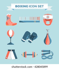 Set of boxing equipment vector colorful design elements isolated on blue background. Vector Illustration.
