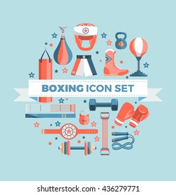 Set of boxing equipment vector colorful design elements isolated on blue background. Vector Illustration