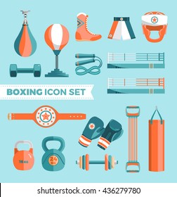 Set of boxing equipment vector colorful design elements isolated on blue background. Vector Illustration