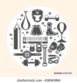Set of boxing equipment vector monochrome design elements isolated on beige background. Vector Illustration.