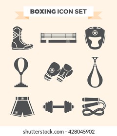 Set of boxing equipment vector monochrome design elements isolated on beige background. Vector Illustration.
