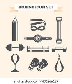 Set of boxing equipment vector monochrome design elements isolated on beige background. Vector Illustration