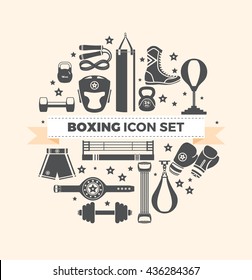 Set of boxing equipment vector monochrome design elements isolated on beige background. Vector Illustration