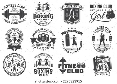 Set of Boxing and fitness club badge, logo design. Vector illustration. For sport club emblem, sign, patch, shirt, template. Girl with barbell, boxer, gloves, boxing jump rope and shoes Silhouette.