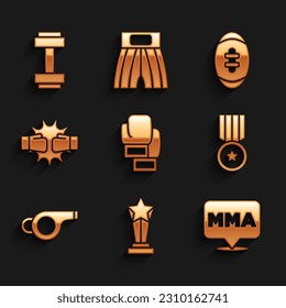 Set Boxing glove, Award cup, Fight club MMA, Medal, Whistle, Punch boxing gloves, American Football ball and Dumbbell icon. Vector