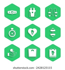 Set Boxing glove, Bathroom scales, Dumbbell, Stopwatch, Jump rope and belt icon. Vector